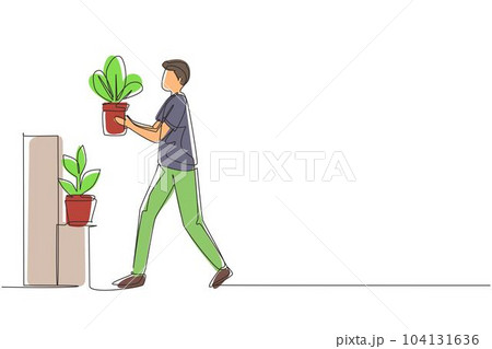 Continuous one line drawing home gardening. Male take care to houseplant. Man carefully puts flower in pot on rack. Hobby growing exotic plants. Stand with rare sprouts. Single line draw design vector 104131636