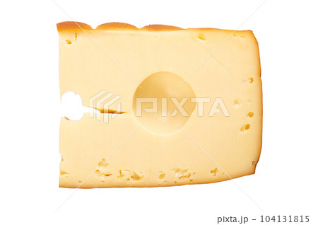 Smoked semi-hard cheese with large holes. Aromatic, yellow Traunstein cheese of smooth texture from Upper Austria, made of cow milk, and beechwood smoked. Isolated, from above, over white, food photo. 104131815