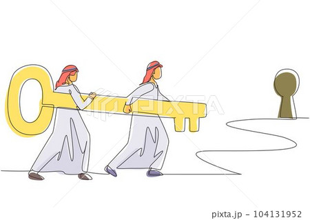 Continuous one line drawing Arabian business men standing in front of keyhole with big key. Business team holding key to success. Two man carrying huge key. Single line draw design vector illustration 104131952