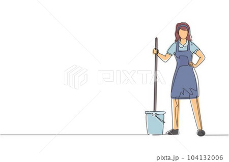 Single one line drawing woman with buckets and mops. Cleaning service. Female dressed in uniform with cleaning equipment. Professional cleaning staff. Continuous line draw design vector illustration Single one line drawing woman with buckets and mops. Cleaning service. Female dressed in uniform with cleaning equipment. Professional cleaning staff. Continuous line draw design vector illustration 104132006