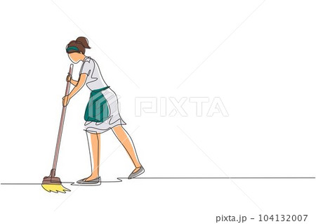 Single continuous line drawing female mopping floor at office. Cleaning workers. Professional cleaning staff, domestic cleaner worker and cleaners equipment. One line draw design vector illustration 104132007