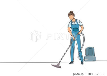 Single one line drawing female professional busy janitor vacuum cleaning indoor, floor office cleaning, young, happy, wearing uniform, protective glove. Continuous line draw design vector illustration 104132009