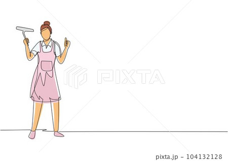 Continuous one line drawing window cleaner in uniform with professional equipment for cleaning windows. Woman cleaning and rub windows of building using spray and wiper. Single line draw design vector 104132128