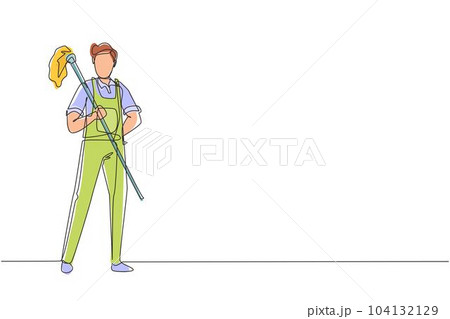 Continuous one line drawing happy male cleaning staff member is holding mop in gloves on white background. Concept of different people like working in cleaning service. Single line draw design vector 104132129