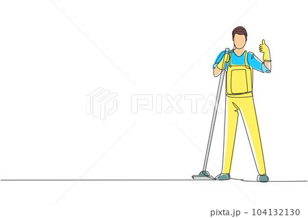 Single one line drawing floor care and cleaning services with washing mop in sterile factory or clean hospital. Cleaning man service. Modern continuous line draw design graphic vector illustration 104132130