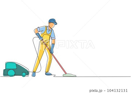 Single one line drawing man with vacuum cleaners of various types isolated on white background. Washing and cleaning service. Disinfection and cleaning. Continuous line draw design vector illustration Single one line drawing man with vacuum cleaners of various types isolated on white background. Washing and cleaning service. Disinfection and cleaning. Continuous line draw design vector illustration 104132131