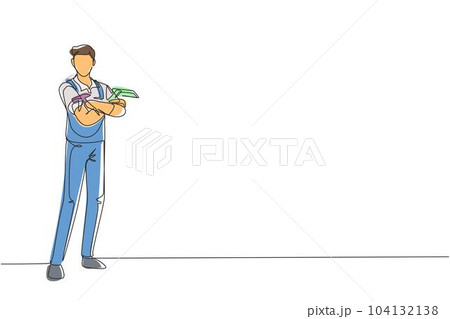 Continuous one line drawing cleaning worker posing and holding cleaning tool. Cleaning service with cool pose. Concept of people enjoying working in cleaning services. Single line draw design vector Continuous one line drawing cleaning worker posing and holding cleaning tool. Cleaning service with cool pose. Concept of people enjoying working in cleaning services. Single line draw design vector 104132138