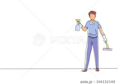 Single one line drawing man cleaning and tidying home, male wiping window glass with detergents and special supplies. Cleanup and housekeeping of apartment or house. Continuous line draw design vector 104132149