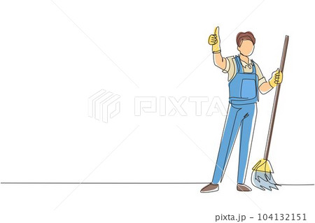Single continuous line drawing smiling male cleaning company staff member holding broom and showing thumbs up gesture. Happy cleaning. Cleaning company logo. One line draw design vector illustration Single continuous line drawing smiling male cleaning company staff member holding broom and showing thumbs up gesture. Happy cleaning. Cleaning company logo. One line draw design vector illustration 104132151