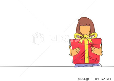 Single one line drawing cute girl holding big ribbon bow wrapped gift box in front of her in arms. Little girl carries holiday gift with big red bow in her hands. Continuous line draw design vector Single one line drawing cute girl holding big ribbon bow wrapped gift box in front of her in arms. Little girl carries holiday gift with big red bow in her hands. Continuous line draw design vector 104132184