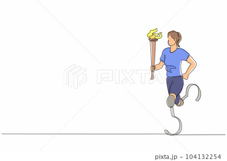 Continuous one line drawing faceless disabled female or sportswoman holding flaming torch in running pose. Disabled sport, success, disability games, championship. Single line graphic design vector 104132254