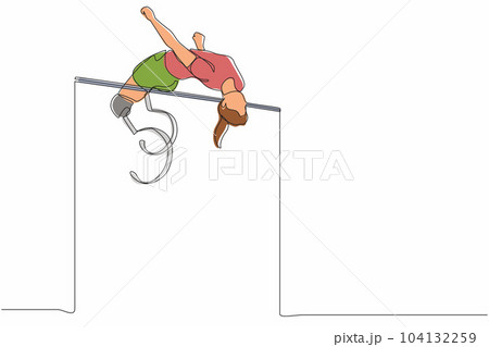 Single continuous line drawing disabled woman doing exercise and become champion high jumping with prosthetic leg. Disability sport, invalid person playing athletic game. One line draw design vector 104132259