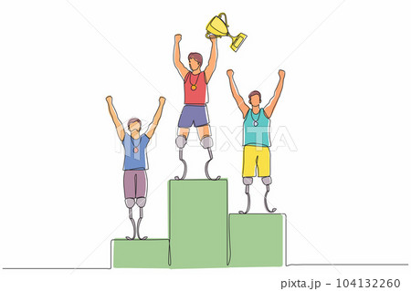 Continuous one line drawing disabled man winning the competition while holding gold trophy at podium. Disabled people, disability games competition. Single line draw design vector graphic illustration 104132260