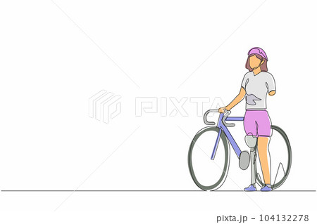 Single continuous line drawing woman with prosthetic leg standing beside her bicycle bike. Sport training. Disability game. Disabled rehabilitation, recovery rehab. One line draw graphic design vector 104132278
