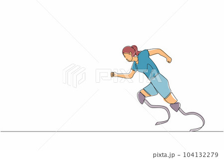 Continuous one line drawing disabled athlete runs on prostheses. Female disability runs. Disabled sportswoman with amputated foot. Disabled sport, championship, game. Single line graphic design vector 104132279