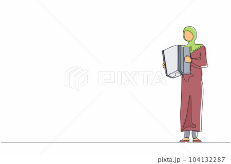 Single one line drawing Arab woman musician playing accordion. Female performer plays acoustic musical instrument. Accordionist perform playing music instrument. Continuous line design graphic vector Single one line drawing Arab woman musician playing accordion. Female performer plays acoustic musical instrument. Accordionist perform playing music instrument. Continuous line design graphic vector 104132287