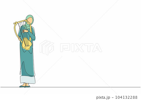 Continuous one line drawing Arab female musician playing musical lyre. Classical music orchestra woman artist with music instrument. Professional musician performs on stage. Single line design vector Continuous one line drawing Arab female musician playing musical lyre. Classical music orchestra woman artist with music instrument. Professional musician performs on stage. Single line design vector 104132288