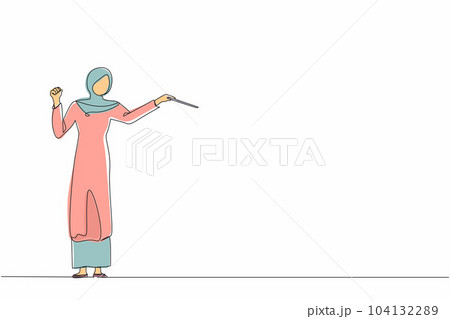Continuous one line drawing Arab woman music orchestra conductor. Female musician in tuxedo suit with arm gestures. Expressive conductor directs orchestra performance. Single line draw design vector 104132289