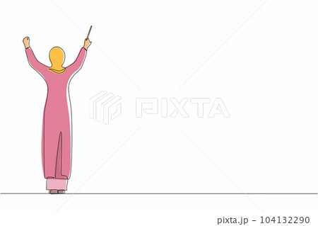 Single continuous line drawing back view Arab woman conductor performing on stage, female musician in tuxedo directing classic instrumental symphony orchestra. One line draw design vector illustration Single continuous line drawing back view Arab woman conductor performing on stage, female musician in tuxedo directing classic instrumental symphony orchestra. One line draw design vector illustration 104132290