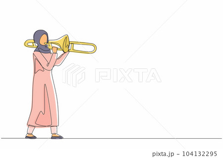 Single one line drawing Arabian trombone player. Female performer play wind instrument. Music artist girl. Jazz woman. Musician play trumpet. Classic music event. Continuous line design graphic vector 104132295