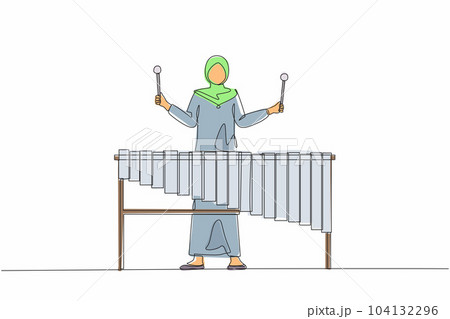 Single one line drawing woman Arabian percussion player play marimba. Young female musician playing traditional Mexican marimba instrument at music festival. Continuous line draw design graphic vector 104132296