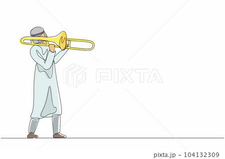 Continuous one line drawing Arabian trombone player. Male performer play wind instrument. Music artist boy. Jazz man. Musician play trumpet. Classic music event. Single line draw graphic design vector 104132309