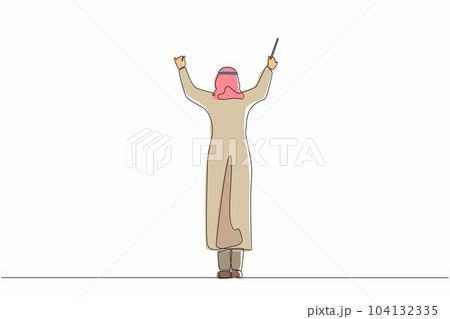 Continuous one line drawing back view of Arab man conductor performing on stage, male musician in tuxedo directing classic instrumental symphony orchestra. Single line draw design vector illustration 104132335