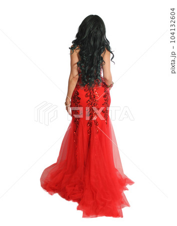Woman Wearing Red Formal Ball Gown Back View Isolated on White Background 104132604