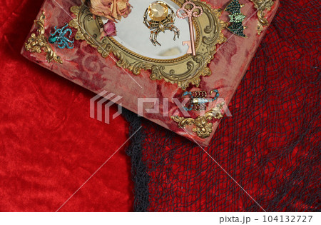 Antique Victorian Era Book With Colorful Gemstones added. Fairy Tale Scary Book With Scorpion and Bat Antique Victorian Era Book With Colorful Gemstones added. Fairy Tale Scary Book With Scorpion and Bat 104132727