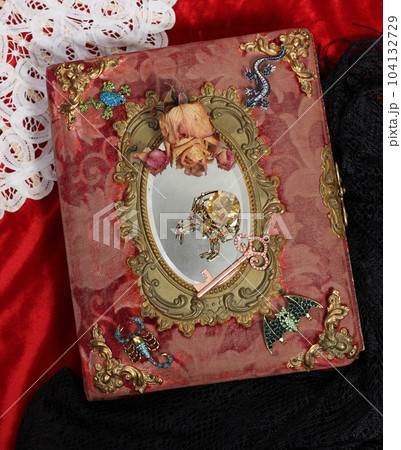 Antique Victorian Era Book With Colorful Gemstones added. Fairy Tale Scary Book With Scorpion and Bat Antique Victorian Era Book With Colorful Gemstones added. Fairy Tale Scary Book With Scorpion and Bat 104132729