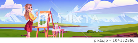 Young woman painting mountain landscape 104132866