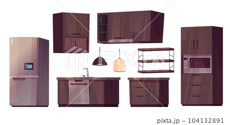 Kitchen room interior with tables, fridge, stove 104132891