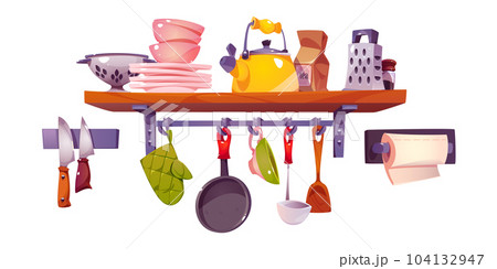 Kitchen shelf with utensil and dish vector set 104132947