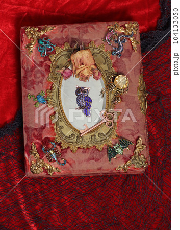 Antique Victorian Era Book With Colorful Gemstones added. Fairy Tale Scary Book With Scorpion and Bat 104133050
