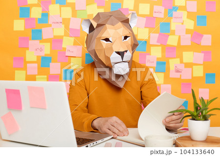 Portrait of busy unknown man in lion mask wearing orange jumper sitting at workplace with laptop against yellow wall with memo cards, working with paper documents. 104133640