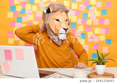Indoor shot of sick tired unknown man in lion mask wearing orange jumper sitting at workplace with laptop against yellow wall with memo cards, feels pain in his back, massaging painful neck. Indoor shot of sick tired unknown man in lion mask wearing orange jumper sitting at workplace with laptop against yellow wall with memo cards, feels pain in his back, massaging painful neck. 104133643