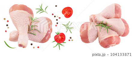 Raw chicken leg or drumstick isolated on white background with full depth of field. Top view. Flat lay 104133871