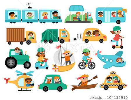 Vector transportation set with children. Funny water, land, air transport collection with drivers for kids. Cars and vehicles clip art. Cute car, train, truck, bus, plane, icons with passengers 104133919