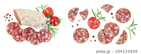 Cured salami sausage isolated on white background. Italian cuisine with full depth of field Cured salami sausage isolated on white background. Italian cuisine with full depth of field 104133939