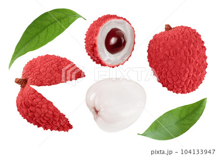 lychee fruit isolated on white background with full depth of field. Top view. Flat lay lychee fruit isolated on white background with full depth of field. Top view. Flat lay 104133947