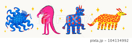 Cute cartoon vector monsters. Different funny monster characters with stippled texture. Hand-drawn vector illustration in a bold modern style. 104134992