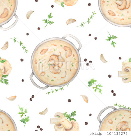 Watercolor illustration of mushroom soup. Champignon. Botanical illustration. Food painting. Seamless pattern. 104135273