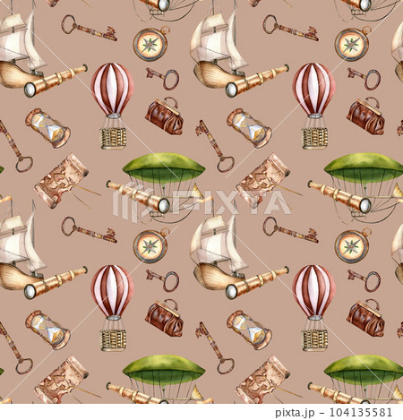 Adventure items vintage style, vessel watercolor seamless pattern isolated on beige. Hot air balloon, ship, sailling boat, hand drawn. Design element for boy's print, textile, wallpaper, background 104135581
