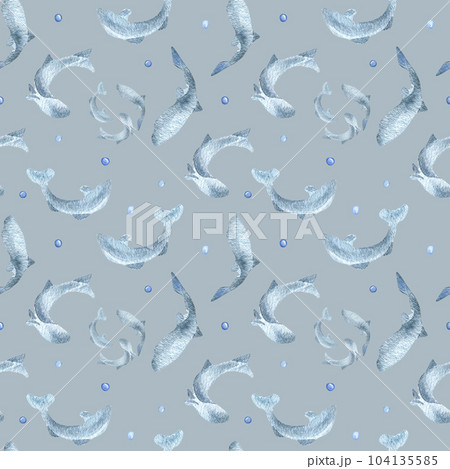 Fish silhouettes salmon, trout watercolor seamless pattern isolated on blue background. Swimming wild blue fish hand drawn. Design element for package, label, textile, wrapping, background, print Fish silhouettes salmon, trout watercolor seamless pattern isolated on blue background. Swimming wild blue fish hand drawn. Design element for package, label, textile, wrapping, background, print 104135585