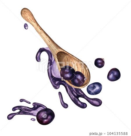 Acai berries in wooden spoon and juice splash watercolor illustration isolated on white. Exotic amazon small purple berries levitation hand drawn. Design element for packaging, cookbook, recipe 104135588