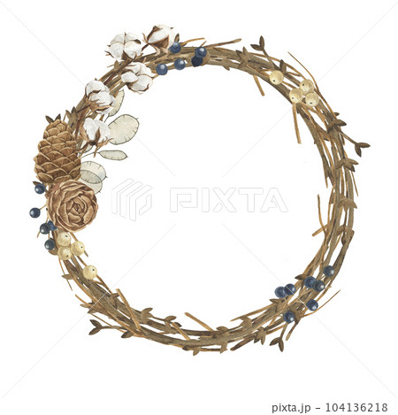Watercolor christmas wreath with decor. New year tree and wood branch wreath with lunaria, pine cone for design, print or background. Watercolor christmas wreath with decor. New year tree and wood branch wreath with lunaria, pine cone for design, print or background. 104136218