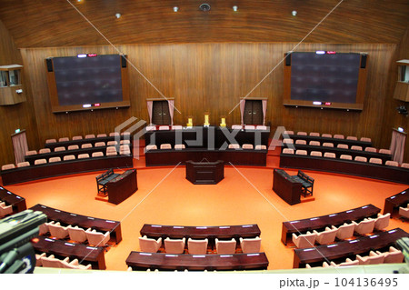 Conference roomor council with chairs and tables of the Congress for presentations and decks information graphics, prints layout covering books, magazine pages, advertisement, ads campaign materials 104136495