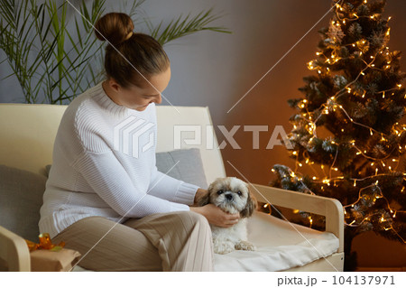 Indoor shot of dark haired woman wearing white jumper sitting on cough with her cute dog and playing, posing in living room with Christmas decorations. Indoor shot of dark haired woman wearing white jumper sitting on cough with her cute dog and playing, posing in living room with Christmas decorations. 104137971