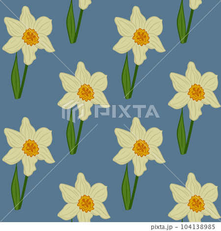 Floral seamless pattern with blooming daffodils. Flat vector flowers on blue background. Ideal for wrapping paper, background, wallpaper, textile, banner, scrapbooking, banner 104138985