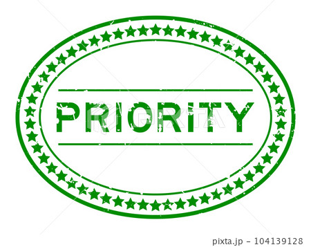 Grunge green priority word oval rubber seal stamp on white background 104139128